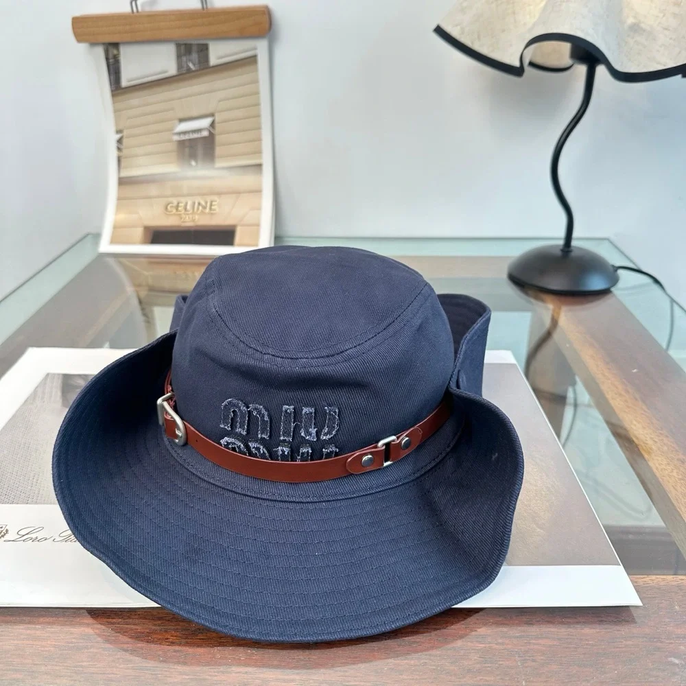 Miu Miu Navy Leather Strap Embroidered Wide Brim Bucket Hat
